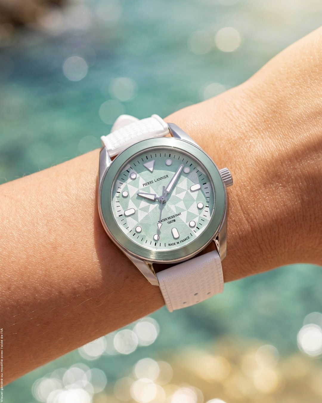 Montre Pierre Lannier celadon portee au poignet devant une crique