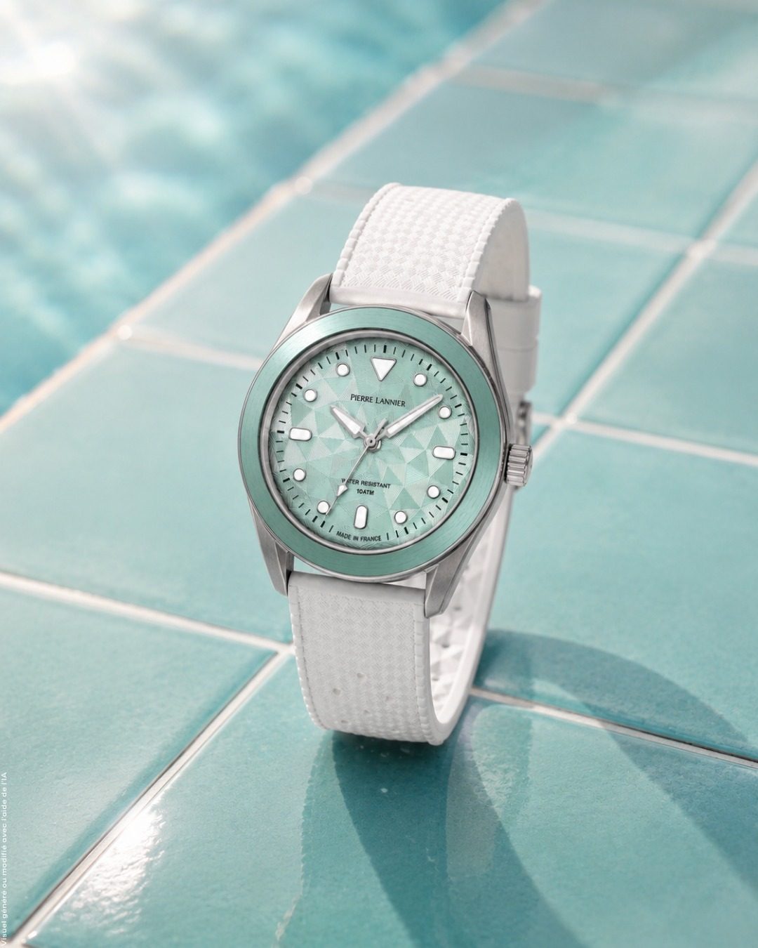 Montre Pierre Lannier celadon au poignet devant une crique