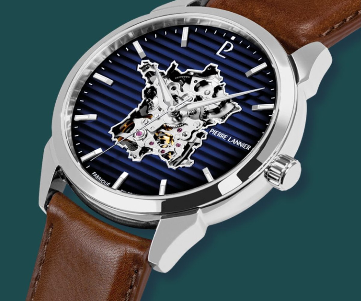 Montre squelette Pierre Lannier à cadran bleu et bracelet cuir brun