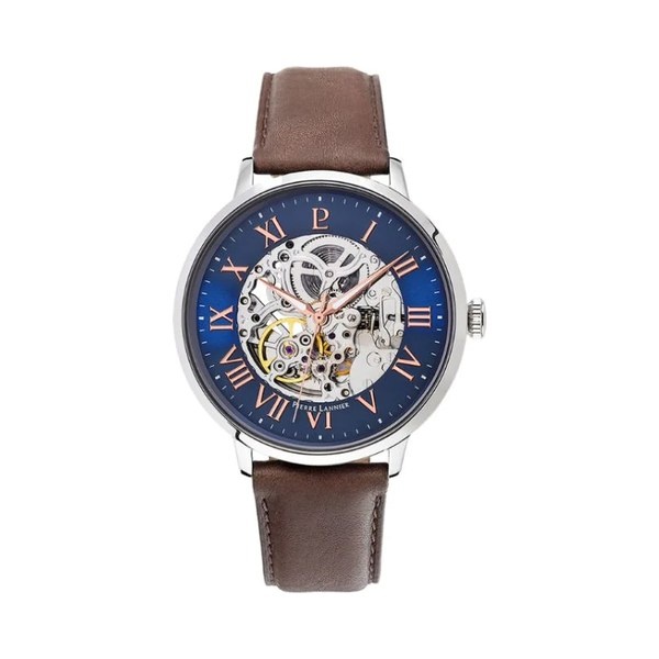 Pierre Lannier Automatic squelette cadran bleu cuir marron
