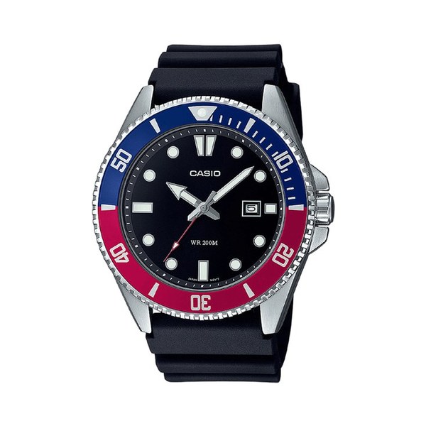 Montre Casio Duro MDV-107 plong&eacute;e 200 m&egrave;tres lunette bleue et rouge