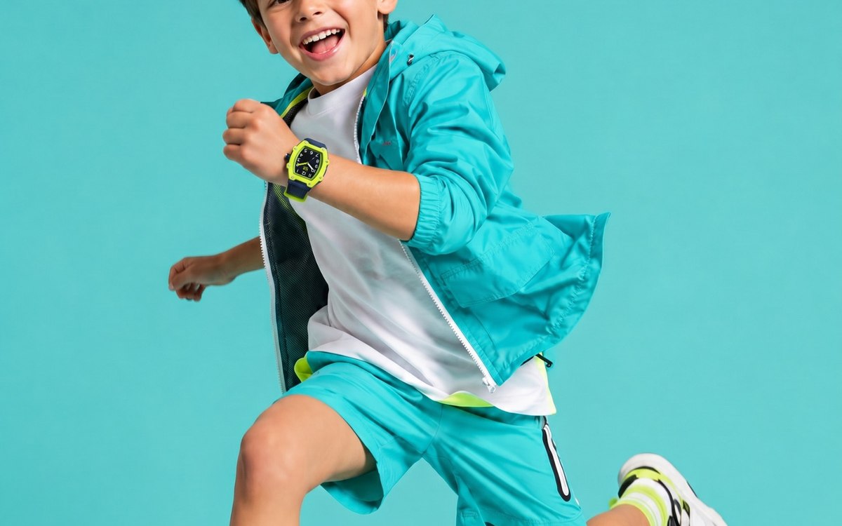 Enfant en tee-shirt turquoise courant en plein saut, montre coloree au poignet