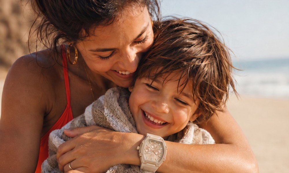 Mere et enfant se serrant dans les bras, montre coloree au poignet de l'enfant