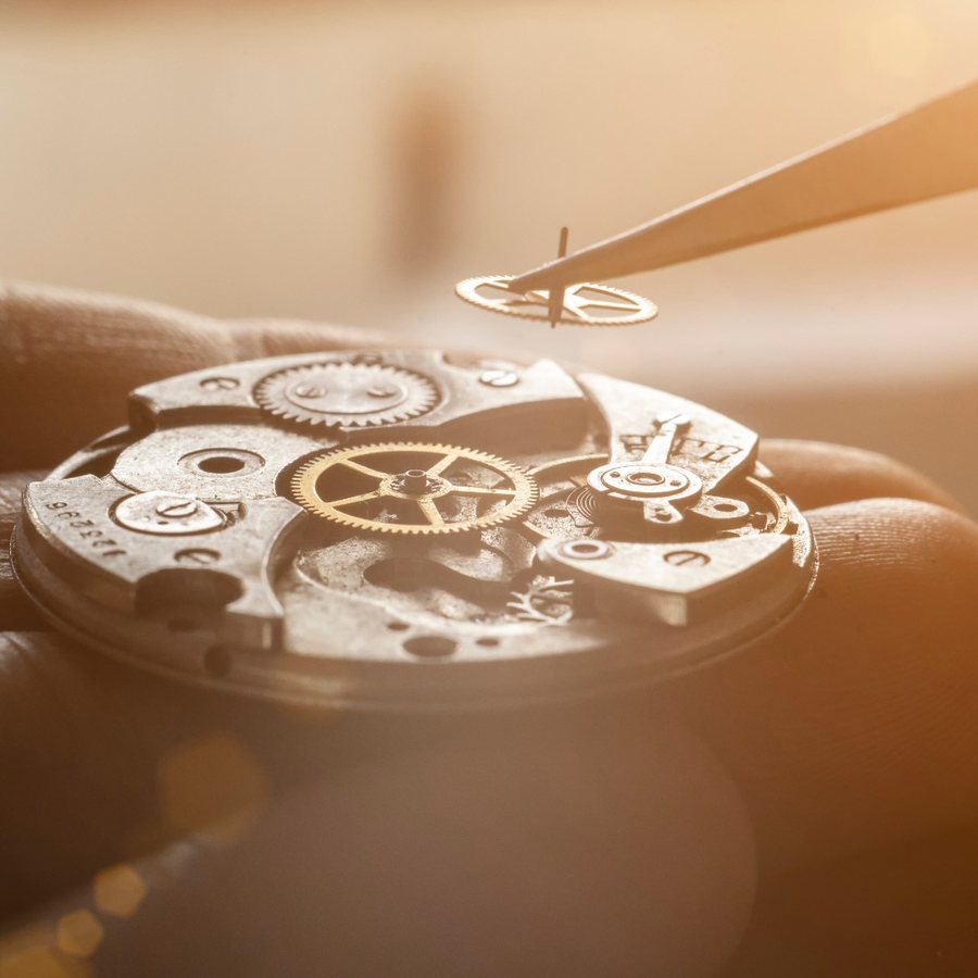 Mouvement de montre ouvert, pi&egrave;ce tenue &agrave; la pince