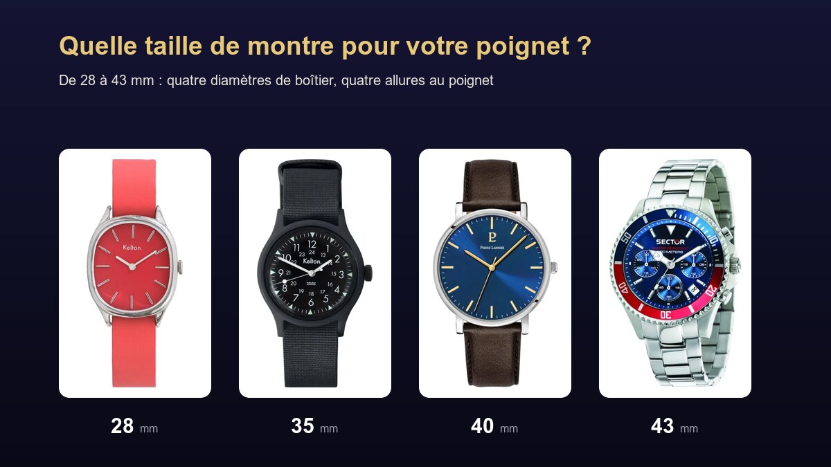 Comparatif de quatre diam&egrave;tres de bo&icirc;tier : 28, 35, 40 et 43 mm