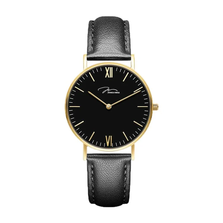 Face Montre Moderne Jonas & Verus Real Cadran Noir Bracelet Cuir Noir - X01646-Q3.GGBLB