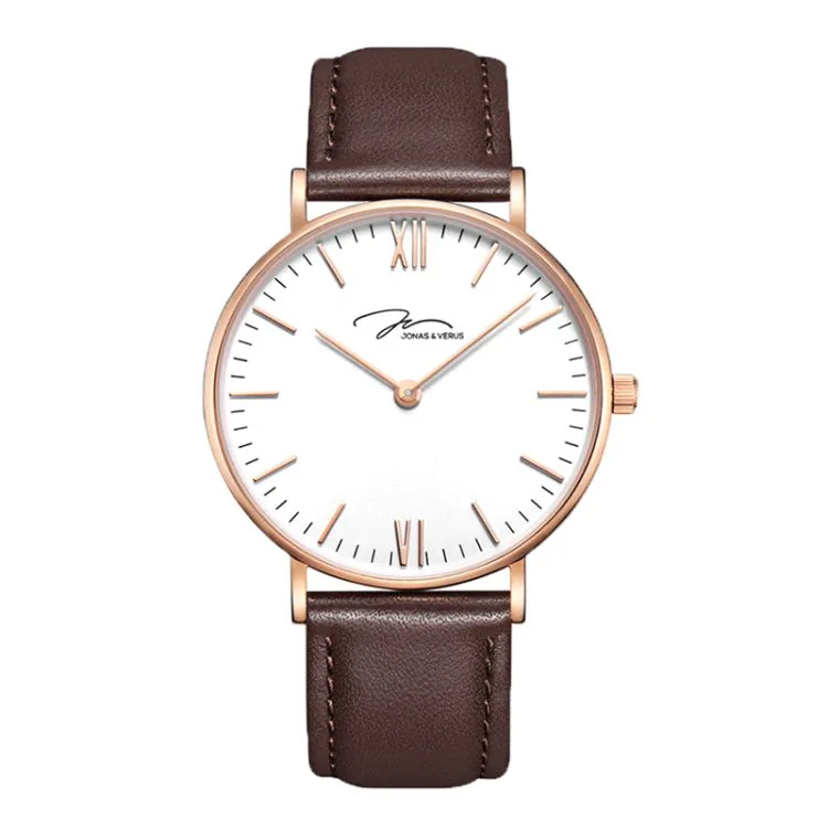Face Montre Moderne Jonas & Verus Real Cadran Blanc Bracelet Cuir Marron - X01646-Q3.PPWLZ