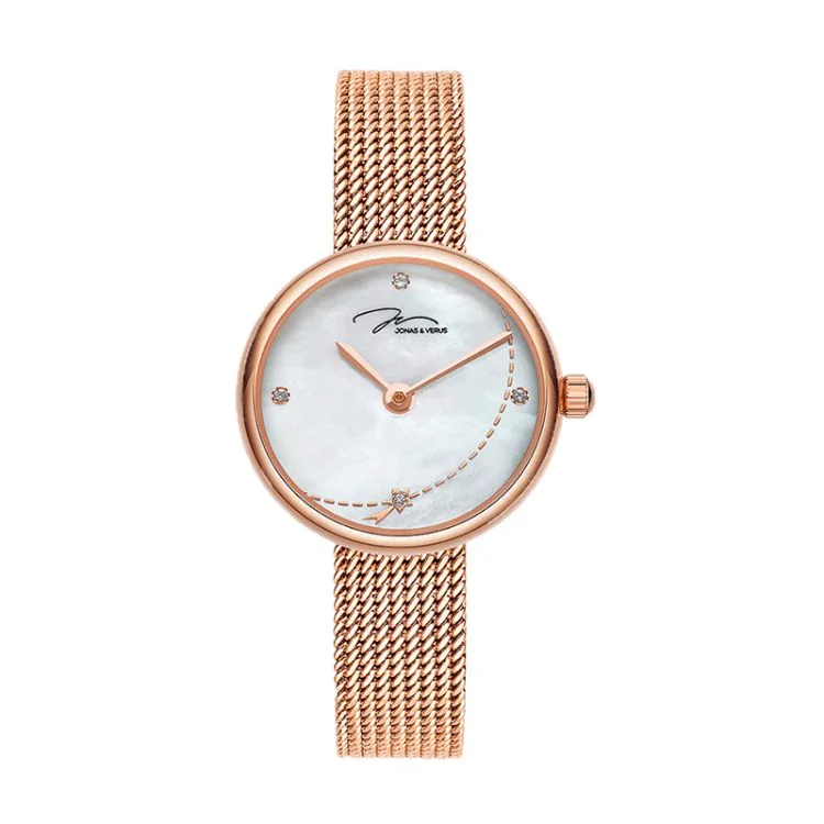 Face Montre Élégante Jonas & Verus Lumière Cadran Blanc Bracelet Maille Milanaise Rose - L25.11.PWBP