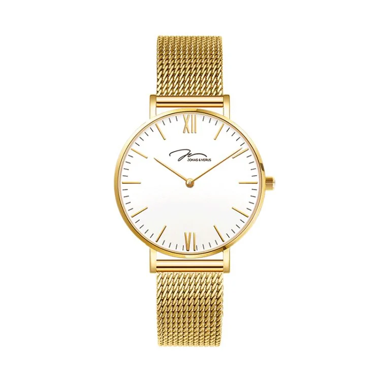 Face Montre Moderne Jonas & Verus Real Cadran Blanc Bracelet Maille Milanaise Doré - X01646-Q3.GGWBG