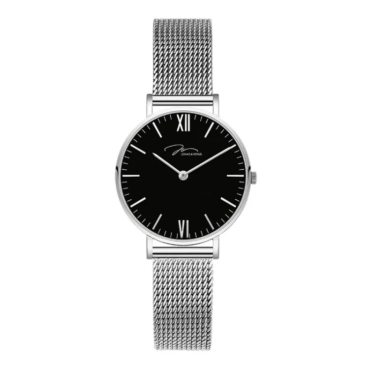 Face Montre Moderne Jonas & Verus Real Cadran Noir Bracelet Maille Milanaise Argent - R32.10.WBBW
