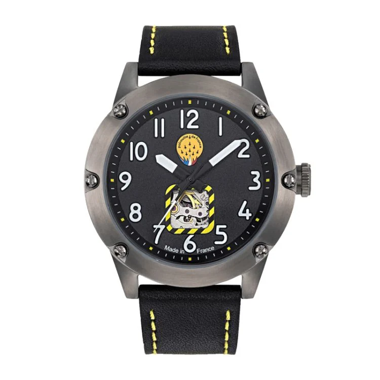 Face Montre Patrouille de France Tarmac 701 Méca 23 Automatique Cuir noir surpiqûre jaune