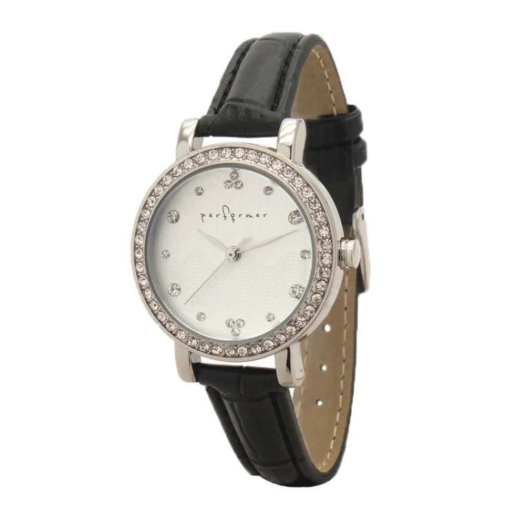 Face Montre Classique Performer Femme Simili Cuir Noir Cadran Blanc à Strass - 7078612