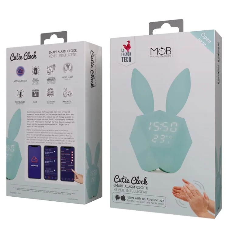 Packaging 2 Réveil Lapin Intelligent Cutie Clock Mobility on Board Bleu Pastel