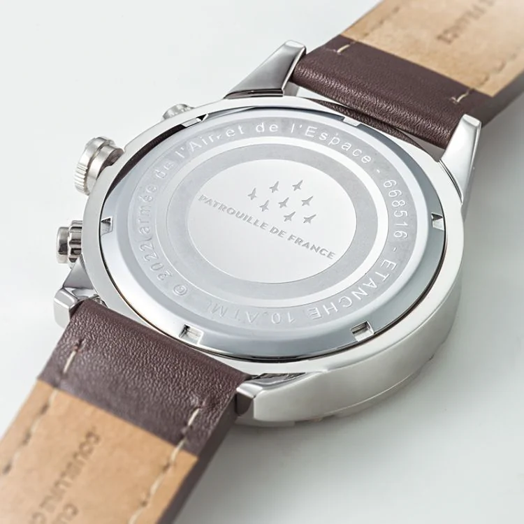 Dos Montre Aviateur Patrouille de France Tarmac 701 Méca 22 Cuir Marron Chronographe