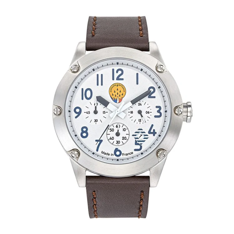 Face Montre Aviateur Patrouille de France Tarmac 701 Méca 22 Cuir Marron Chronographe