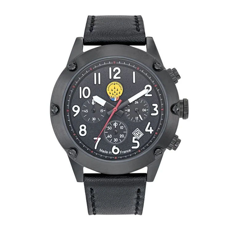 Face Montre Aviateur Patrouille de France Tarmac 701 Méca 21 Cuir Noir Chronographe