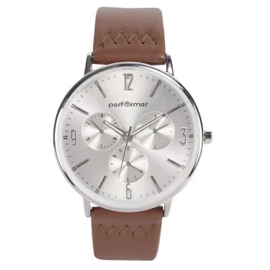 Face Montre Classique Performer Homme Simili Cuir Marron Lisse Cadran Chrono Factice