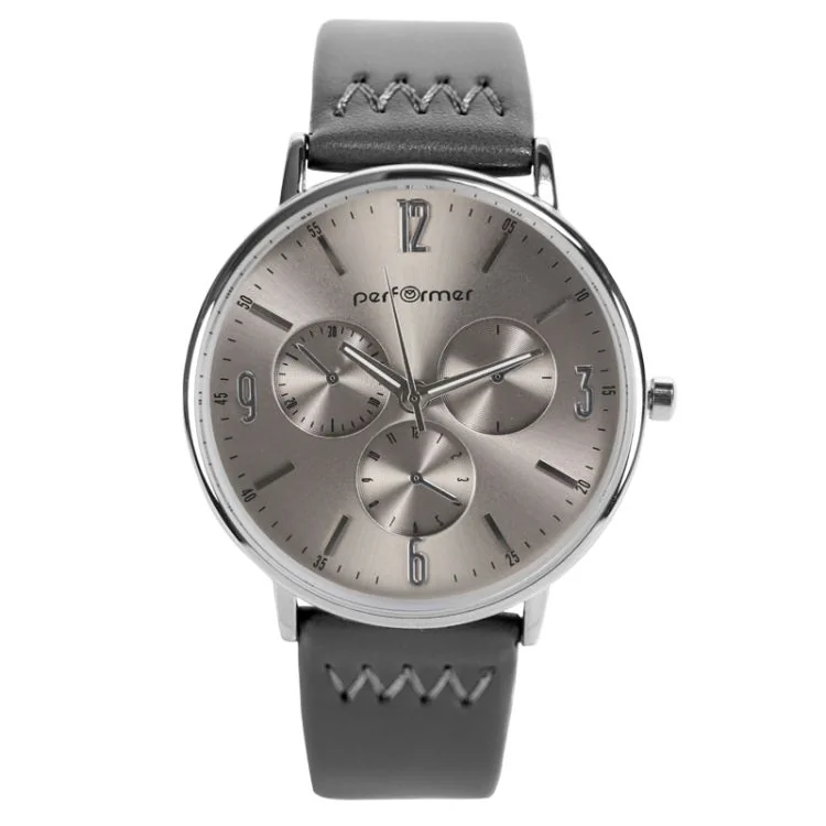 Face Montre Classique Performer Homme Simili Cuir Gris Lisse Cadran Chrono Factice