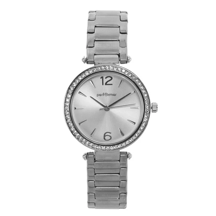 Face Montre Classique Performer Femme Métal Argenté Cadran Argenté à Strass
