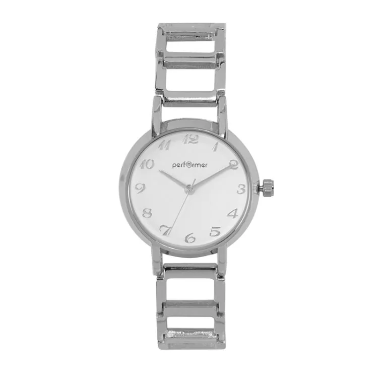 Face Montre Classique Performer Femme Bracelet Métal Argenté Troué Cadran Blanc