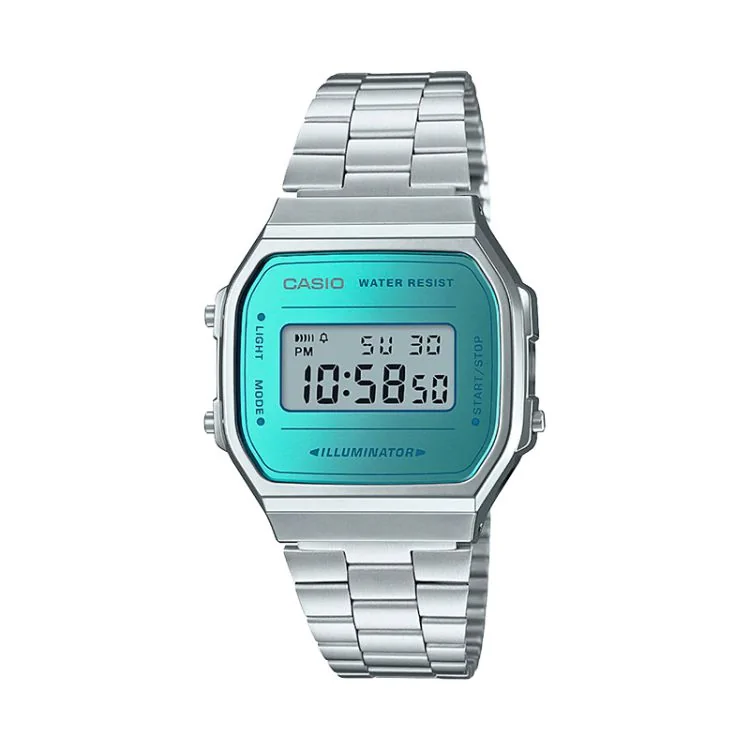 Face Montre Casio Vintage Iconic Argenté Cadran Bleu Mixte A168WEM-2EF