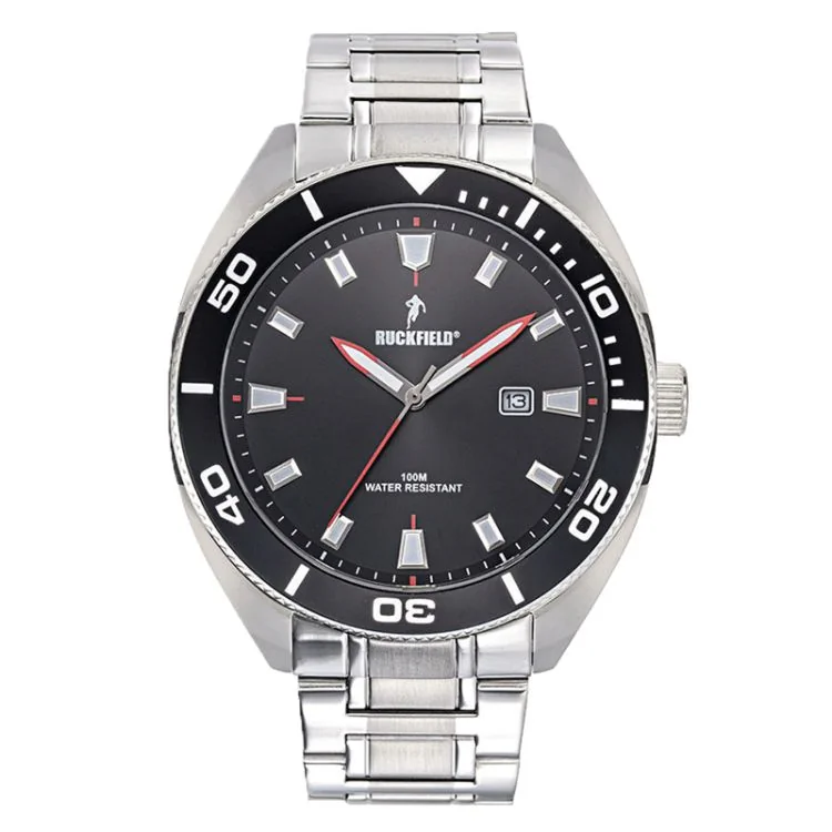 Face Montre Ruckfield Classique Acier Argent Cadran Noir Lunette Noire
