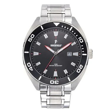 Face Montre Ruckfield Classique Acier Argent Cadran Noir Lunette Noire