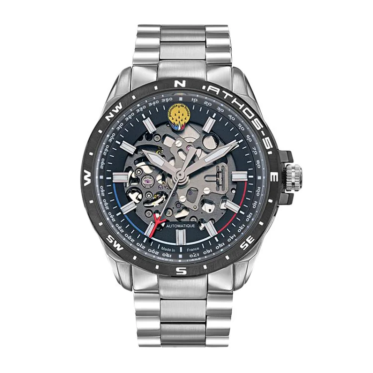 Face Montre Aviateur Patrouille de France Athos 5 Automatique Cadran Squelette Métal Argenté