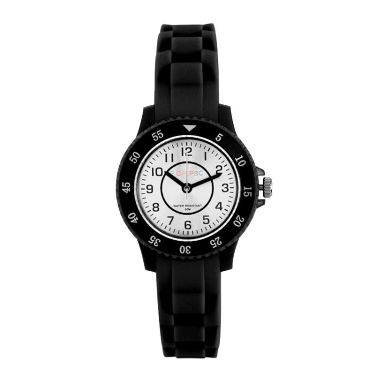 Face Montre Pédagogique Pic et Poc Enfant Silicone Noir Cadran Gris Etanche 5ATM