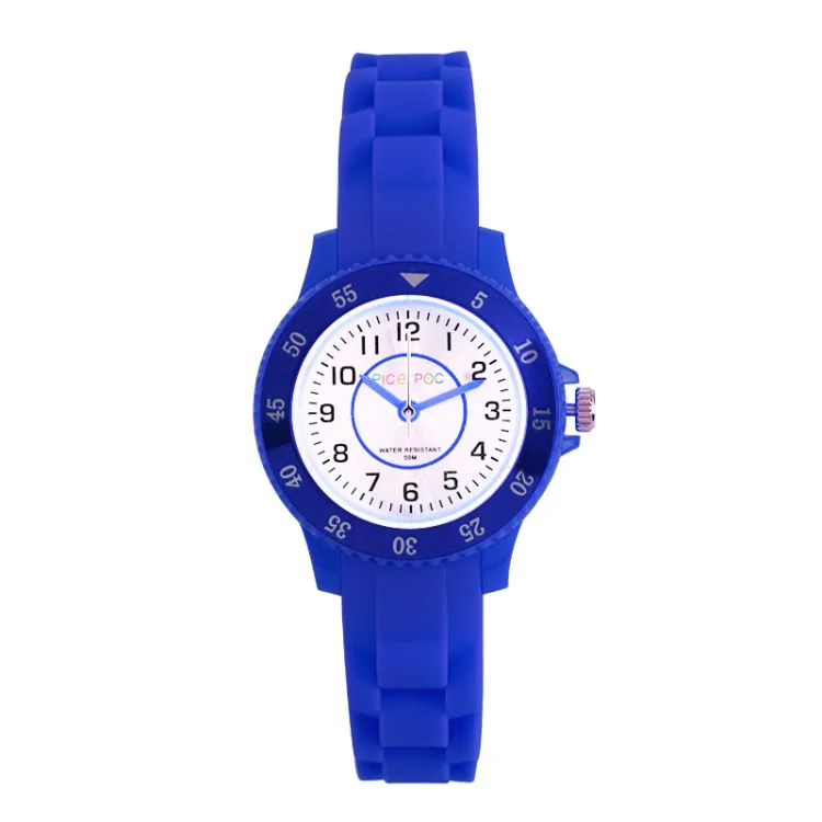 Face Montre Pédagogique Pic et Poc Enfant Silicone Bleu Foncé Cadran Blanc Etanche 5ATM