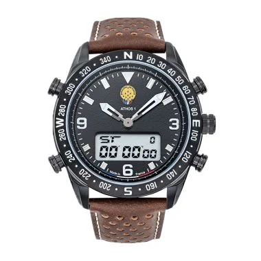 Face Montre Aviateur Patrouille de France Athos 1 Chronographe Cuir Perforé Marron