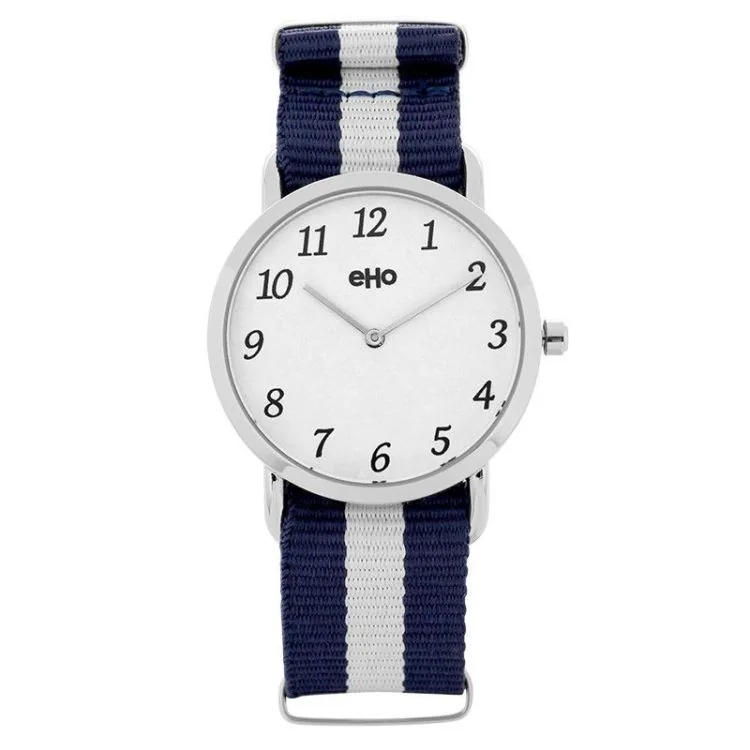 Face Montre Ecoresponsable eHo Mixte Métal Nato Bleu Blanc