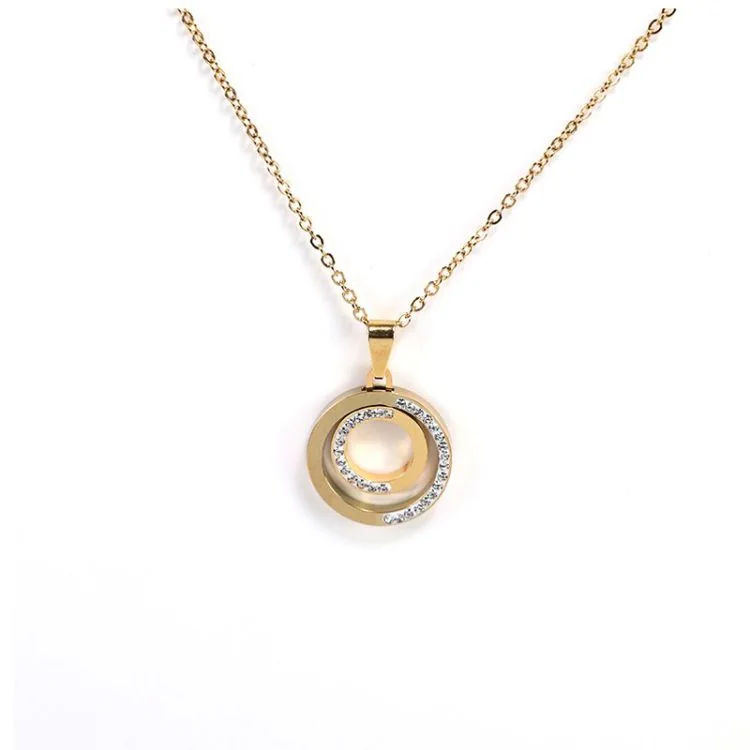 Face Collier Femme Motif Cercle à Strass Acier Inoxydable Doré