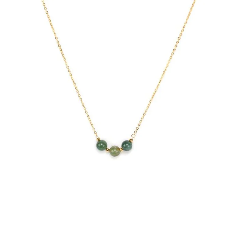 Face Collier Femme Acier Inoxydable Doré - Pierre Naturelle en Agathe Mousse