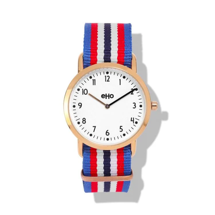 Face Montre eHo Ecoresponsable Textile bleu rouge blanc Cadran Blanc