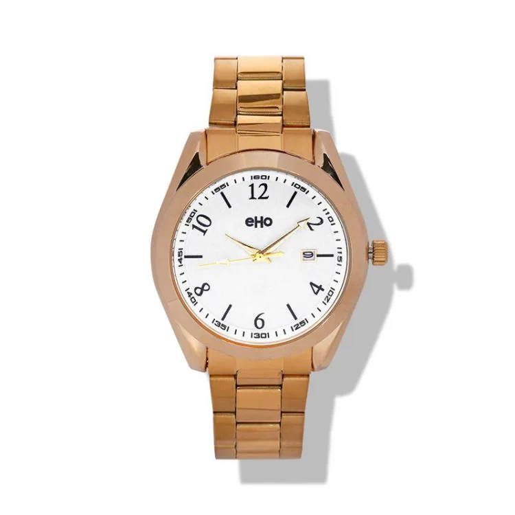 Face Montre Ecoresponsable eHo Métal Doré Cadran Blanc Dateur