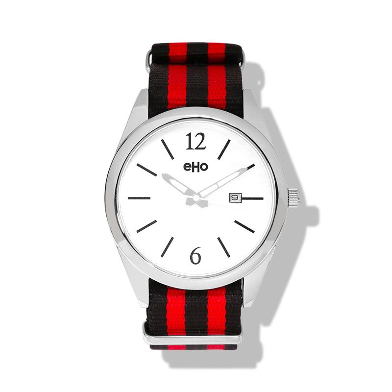 Montre Ecoresponsable eHo Textile Noir et Rouge Cadran Blanc Dateur