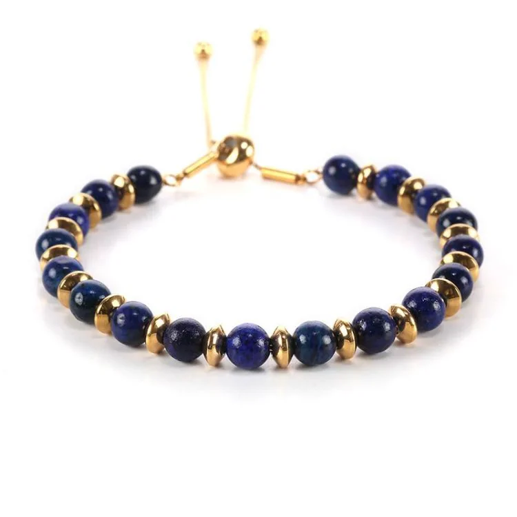 Face Bracelet Femme Chic en Acier Inoxydable Doré et Lapis