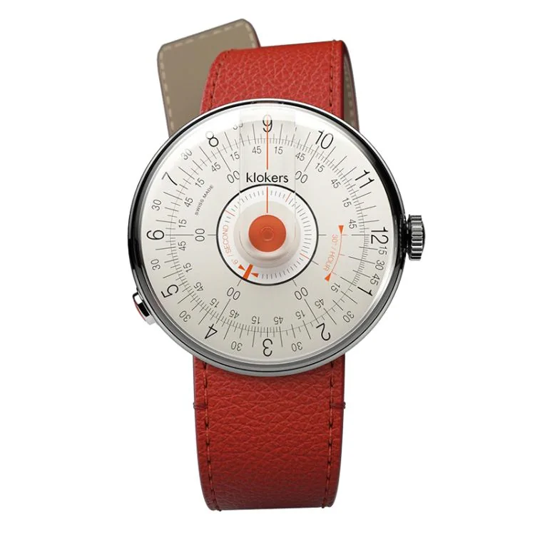 Montre Klokers - Klok 08 - Sixties - Cadran Blanc & Corail - Cuir Granolo Rouge