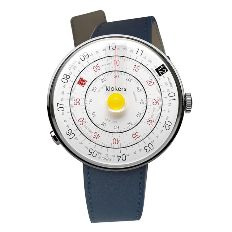 Montre Klokers - Klok 01 - Heritage - Cadran Blanc & Jaune - Cuir Bleu Indigo