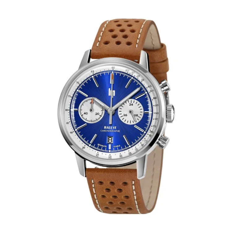 Face Montre LIP - Rallye 41mm - Méca-Quartz - Cadran Bleu Cuir Marron