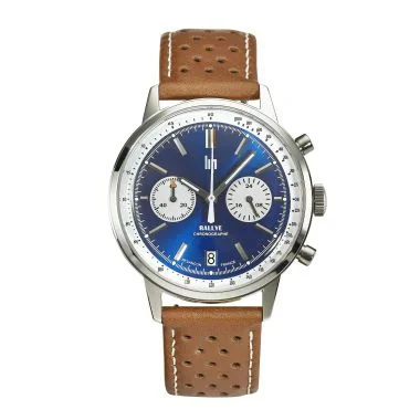 Face 2 Montre LIP - Rallye 41mm - Méca-Quartz - Cadran Bleu Cuir Marron