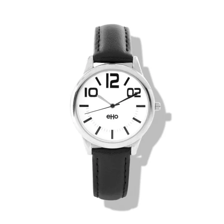 Face Montre eHo Homme Ecoresponsable Cuir Noir Cadran Blanc