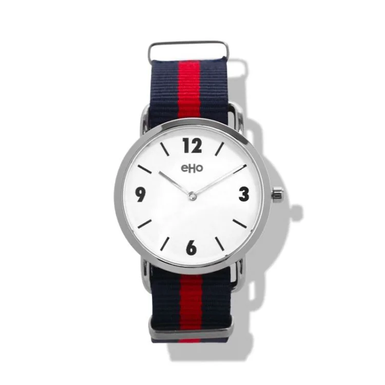 Face Montre Ecoresponsable eHo Mixte Métal Nato Bleu Rouge