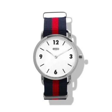Face Montre Ecoresponsable eHo Mixte Métal Nato Bleu Rouge