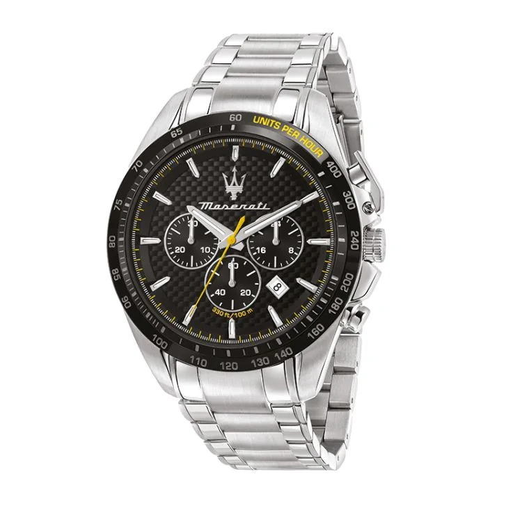 Face Montre Chronographe Maserati Traguardo Acier Argenté Cadran Noir - R8873612042