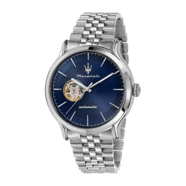Face Montre Automatique Maserati Epoca Cœur Ouvert Acier Argenté Cadran Bleu- R8823118009