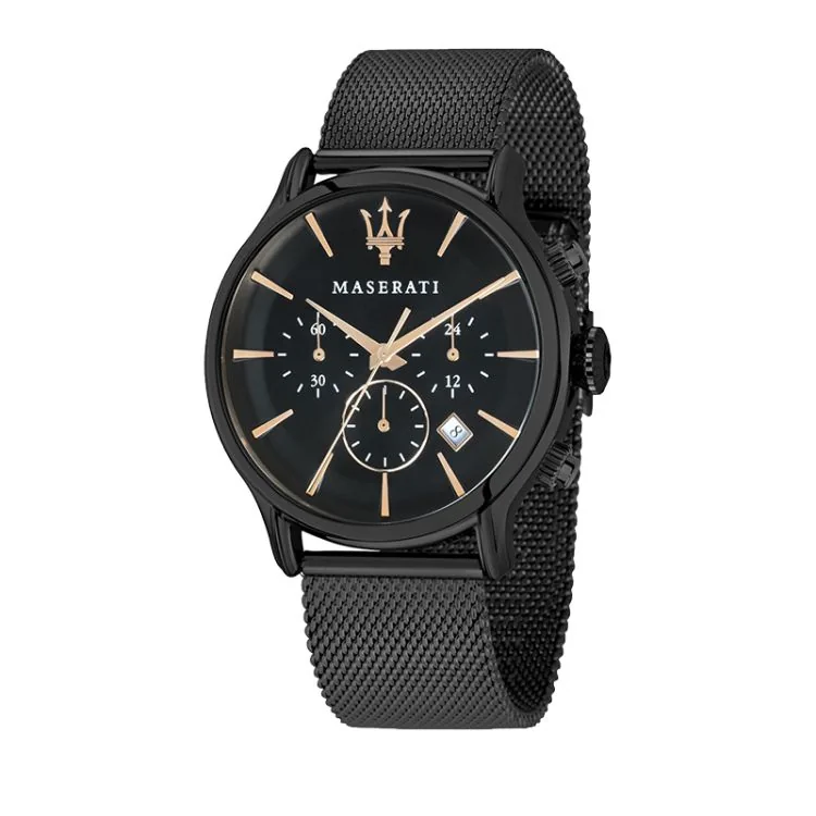 Face Montre Chronographe Maserati Epoca Dateur Cadran Noir Maille Milanaise Noir - R8873618013