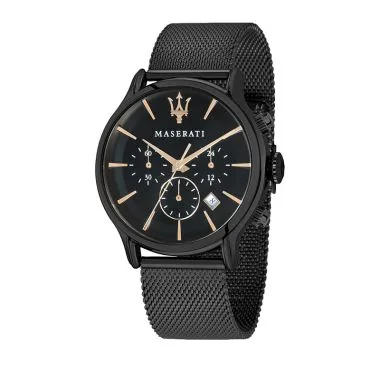 Face Montre Chronographe Maserati Epoca Dateur Cadran Noir Maille Milanaise Noir - R8873618013