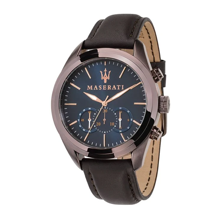 Face Montre Chronographe Maserati Traguardo Cuir Marron Cadran Bleu - R8871612008